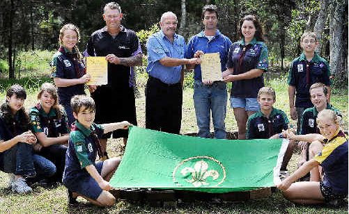 HAPPY CAMPERS: Jarrod Brunsden from Superior Rendering and Textures and Chris Jones and Michael Behrens from Chris Jones Security Services receive thanks for their donations from Craignish Scout Group members Jackson Tuche, Jacqui Hogan, Che Hubbard, Lauren Burgess, Mallory Tuche, Alana Hogan, Jamie O’Connell, Albert Van Aswegen and Jett Economidis. HAPPY CAMPERS: Jarrod Brunsden from Superior Rendering and Textures and Chris Jones and Michael Behrens from Chris Jones Security Services receive thanks for their donations from Craignish Scout Group members Jackson Tuche, Jacqui Hogan, Che Hubbard, Lauren Burgess, Mallory Tuche, Alana Hogan, Jamie O’Connell, Albert Van Aswegen and Jett Economidis.
